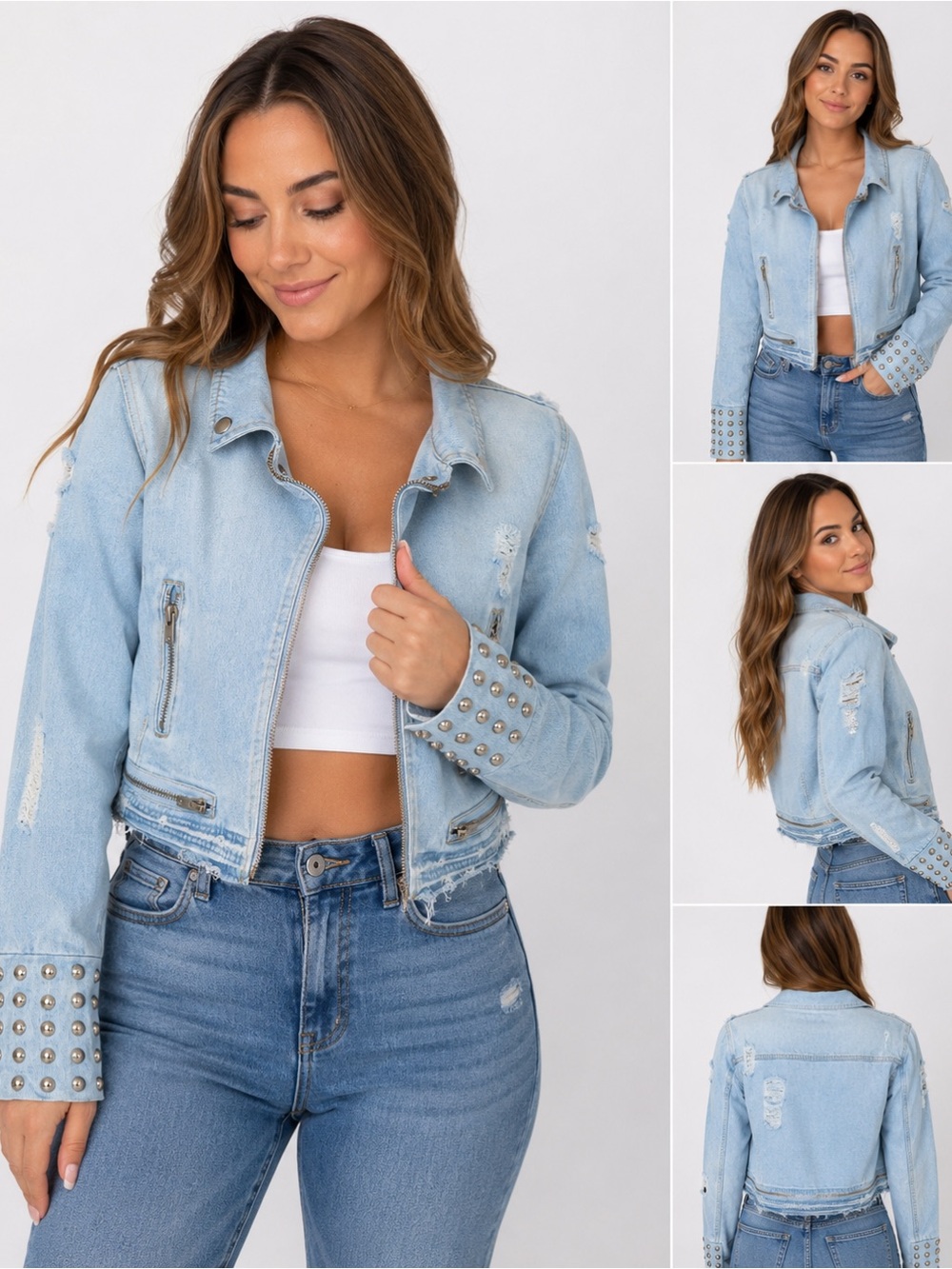 BoomBoom Jeans Denim Moto Jacket Women’s Large Distressed Studded Cropped Blue